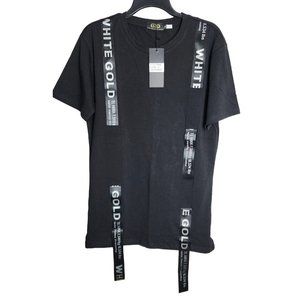 Rare Gold Leaf Black Crew Neck Men's Designer Shirt - Embroidered Strap Design